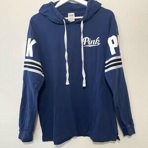 Victorias Secret PINK Womens Blue Baseball Hoodie Preppy Longsleeve Size Medium